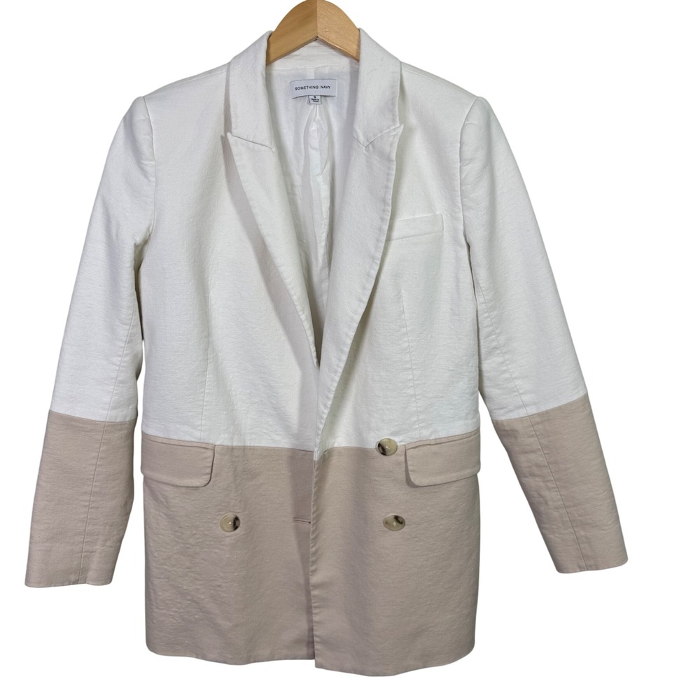 Something Navy Womens Blazer Small Danielle Colorblock Linen Blend Oversized‎ - Picture 2 of 9